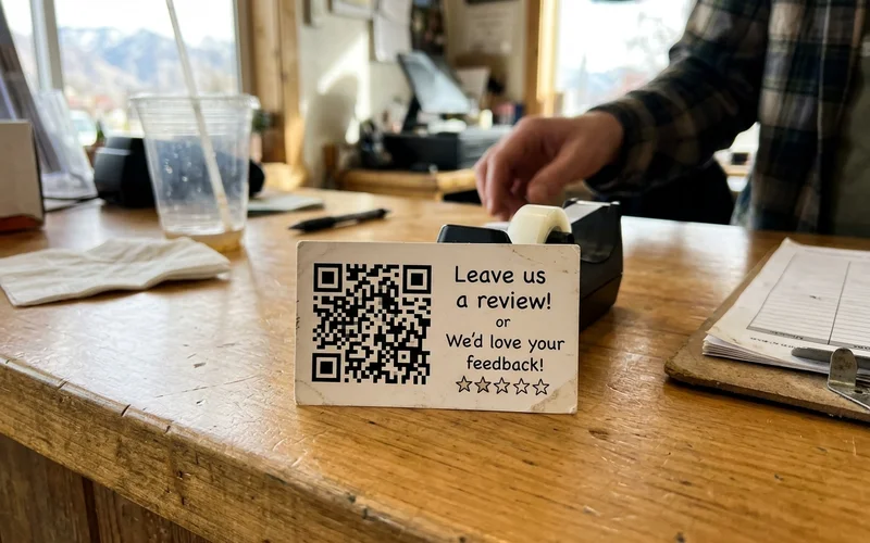 Back of a business card with a review QR code