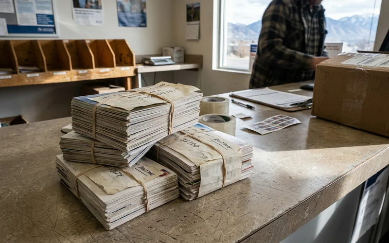 Bundles of postcards strapped together on a post office counter