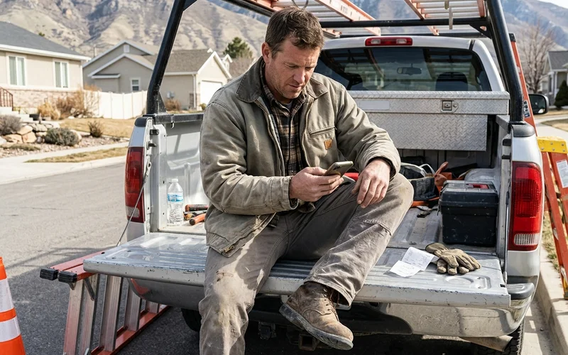 Owner approving an ad proof on a phone at a job site