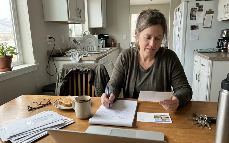 Owner comparing printed postcard proofs at a kitchen table
