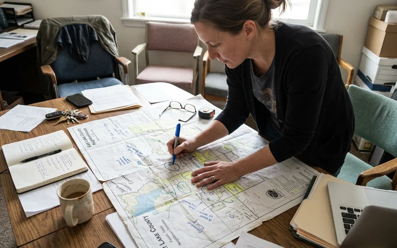Owner marking neighborhoods on a printed county map