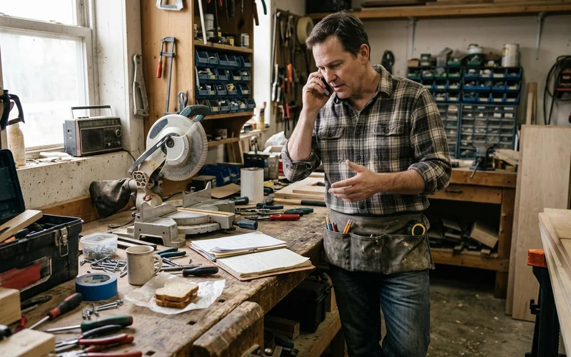 Business owner on the phone reserving an ad spot at a workshop bench
