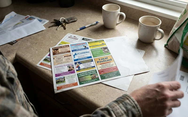 Close view of a co-op postcard layout with many ad blocks