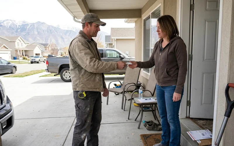 Handing a business card across a front porch