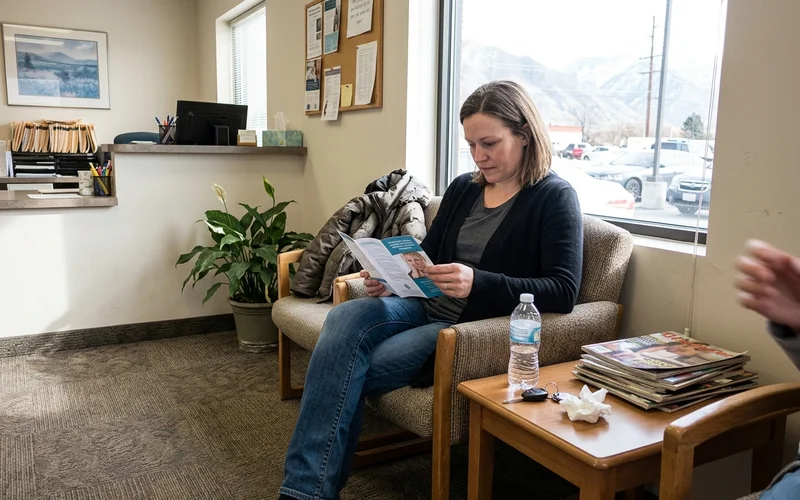 Customer reading a tri-fold brochure in a waiting room