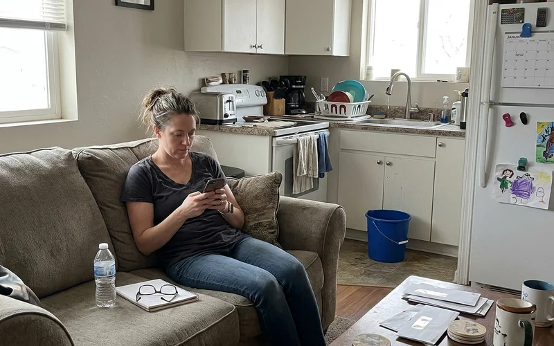Customer texting from a couch with a leaky faucet in the background