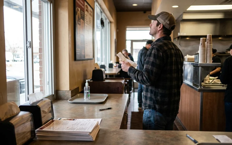 Customer at a restaurant counter glancing at a wall-mounted ad board