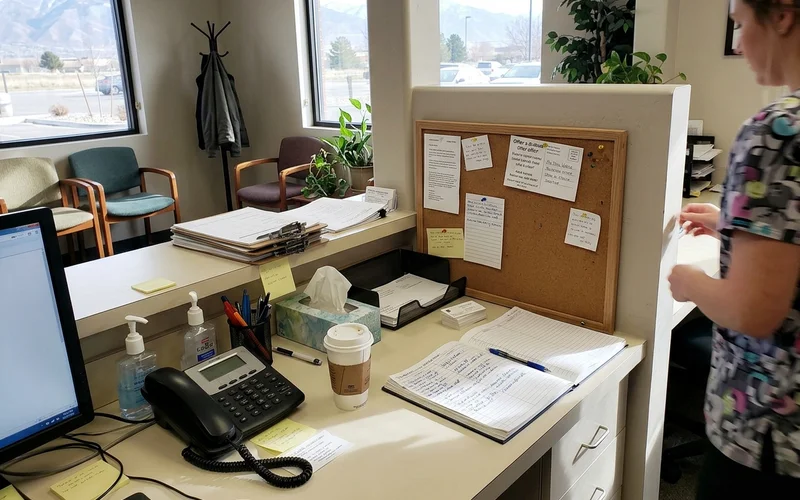 Postcard offer pinned at a dental office front desk