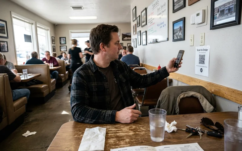 Diner scanning a QR code on a printed wall board