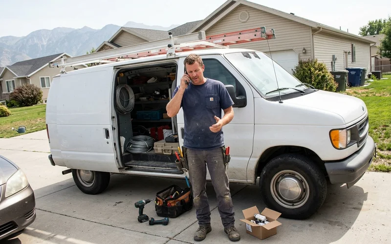 Electrician answering a new lead call next to a van