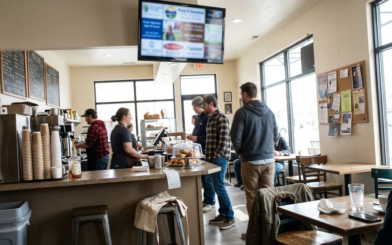 Wall-mounted screen in a cafe showing a blurred slideshow
