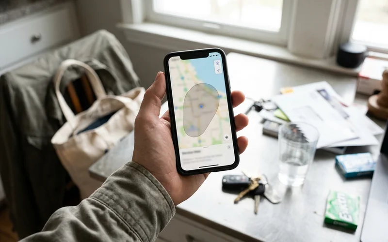 Phone showing a blurred map with a shaded service area