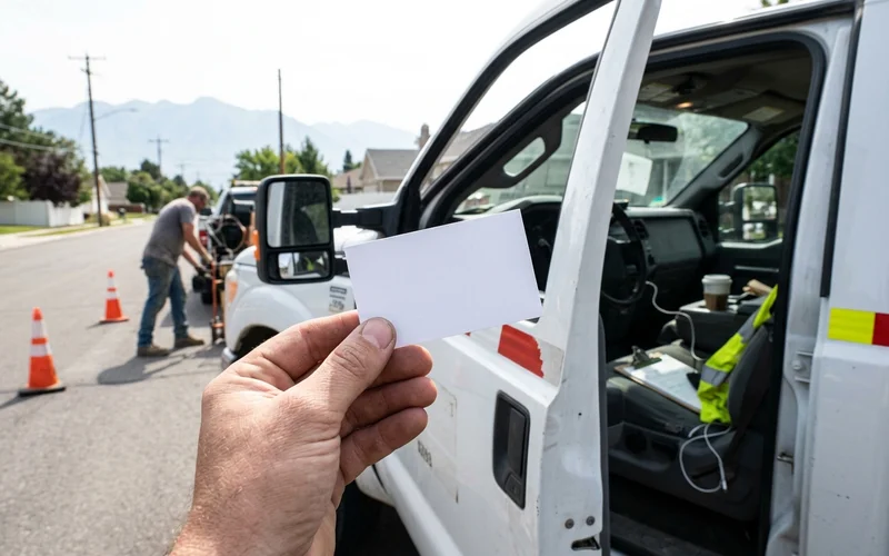 Hand holding a thick business card near a work truck