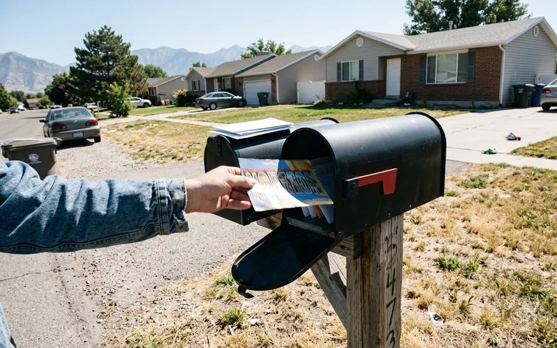 Hand pulling an oversized postcard out of a curbside mailbox