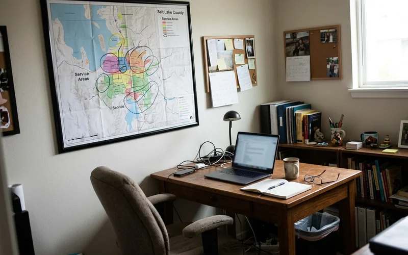 Home office with a wall map of service areas