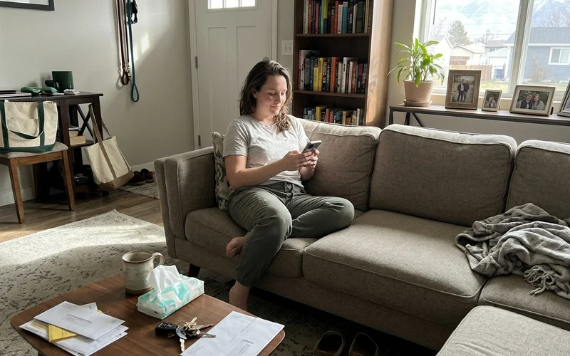 Homeowner reading an automatic text from a local business
