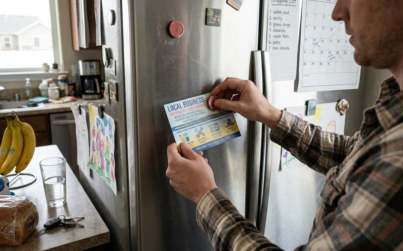 Homeowner pinning a postcard to the fridge with a magnet