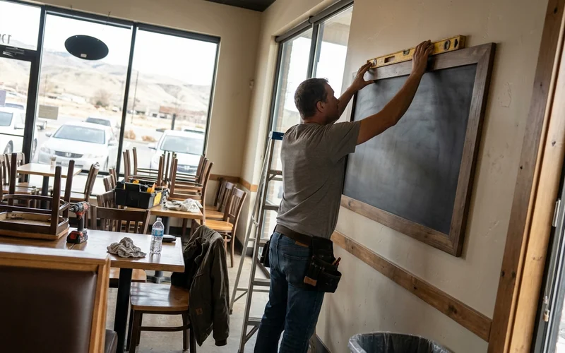 Installer leveling a framed board on a restaurant wall