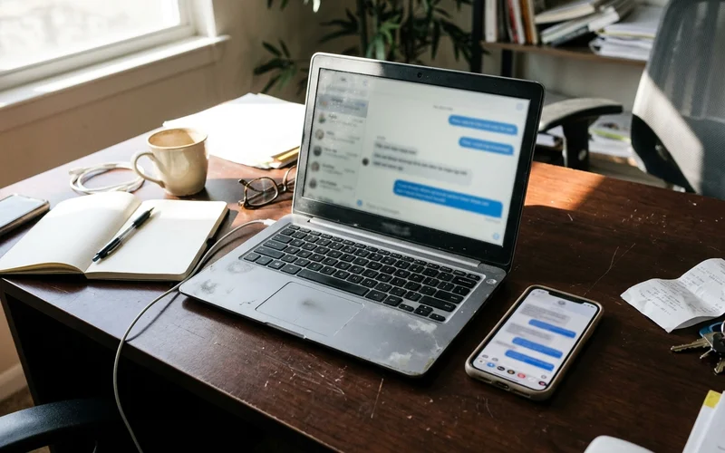 Laptop and phone showing the same conversation