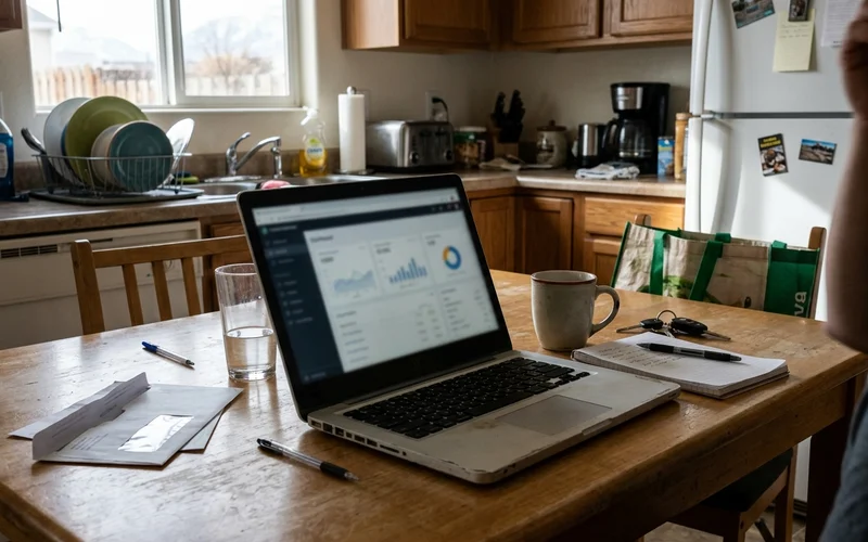 Laptop on a kitchen table showing a simple dashboard