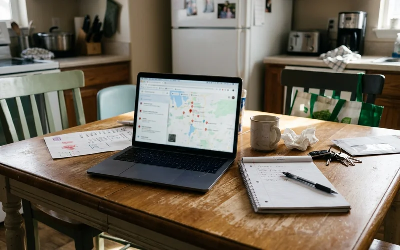 Laptop showing a blurred map with business pins