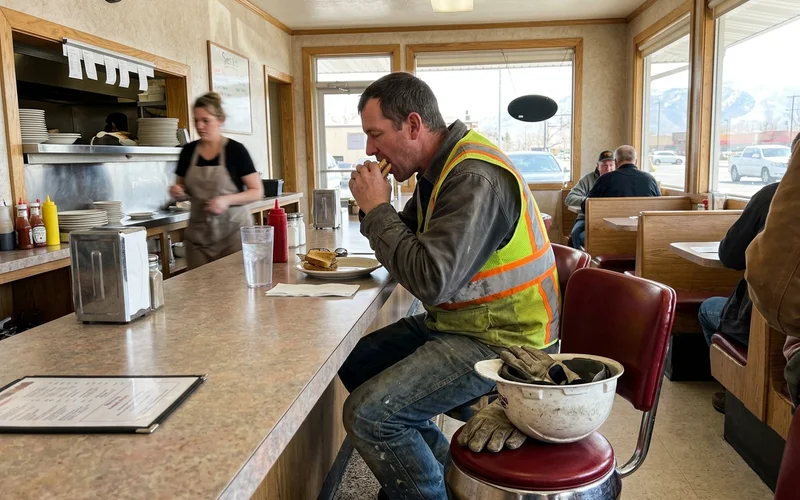 Tradesperson eating lunch at a diner counter