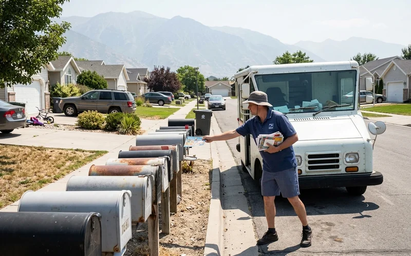 Mail carrier delivering postcards along a suburban street