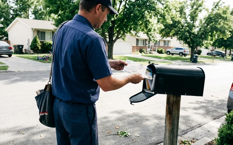 Mail carrier delivering a postcard to a curbside mailbox
