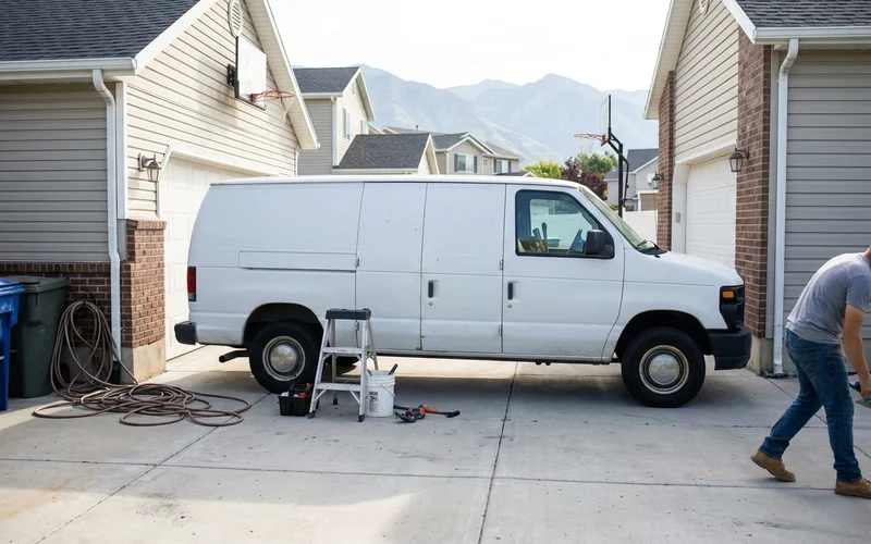 Mobile service van parked in a residential driveway