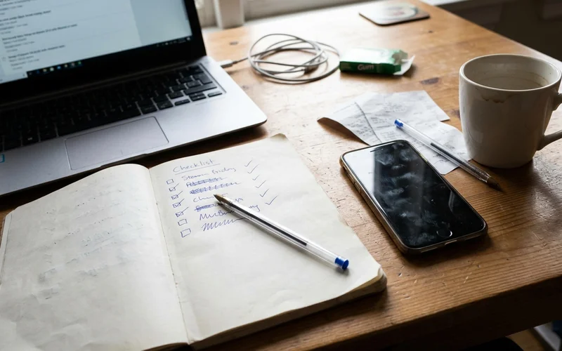 Notebook with a simple checklist next to a laptop