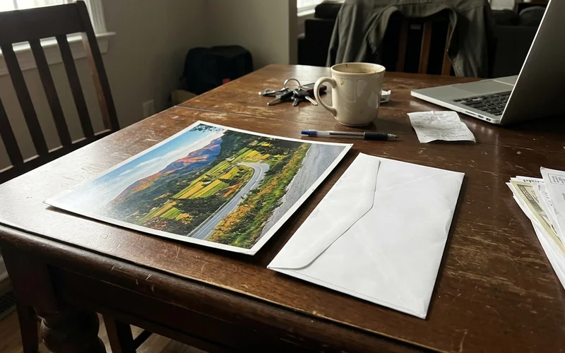Oversized flat postcard next to a standard letter for size