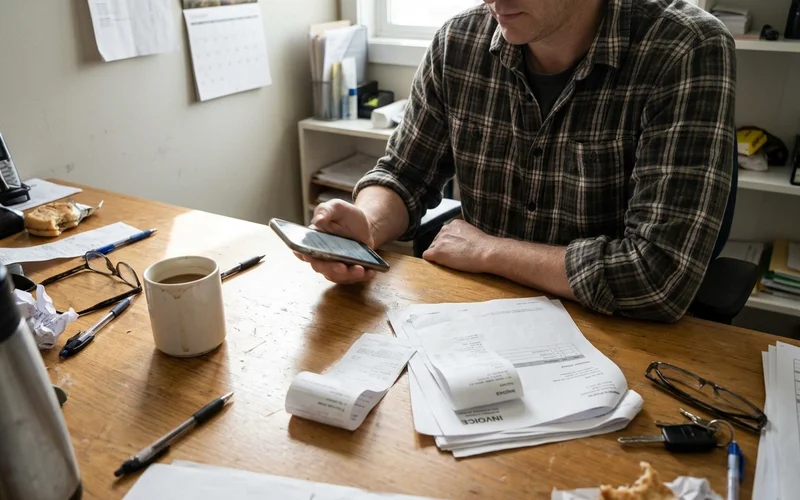 Owner at a small desk reviewing a phone with a cup of coffee