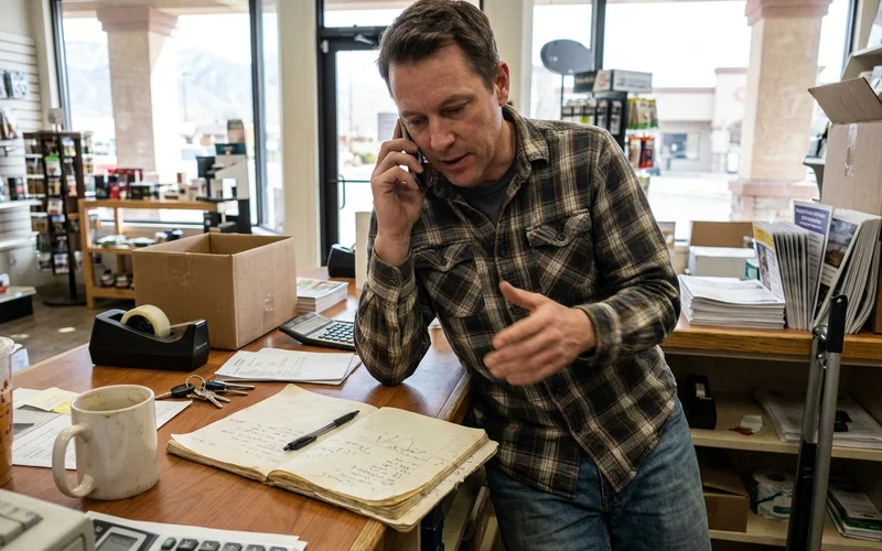 Owner on a phone call in a shop discussing a budget