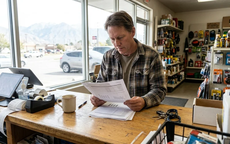 Owner reading a printed report at a shop counter