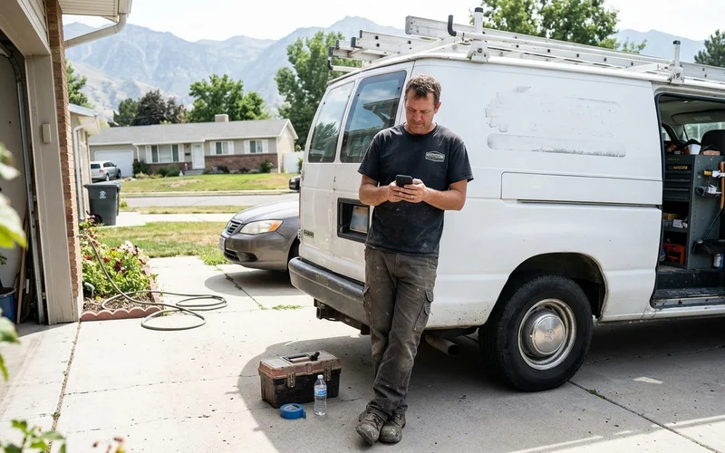 Owner replying to a message beside a work van