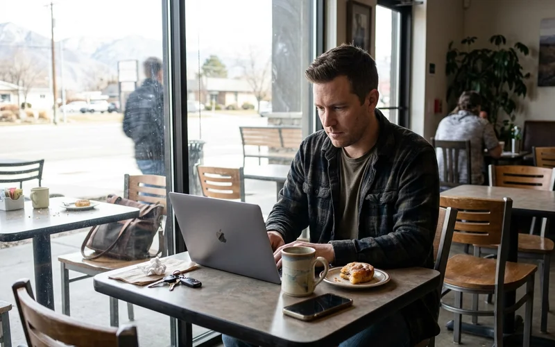 Owner reviewing a laptop at a cafe table