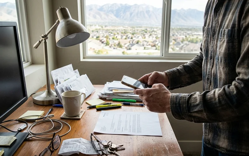 Owner scanning a document with a phone in a home office