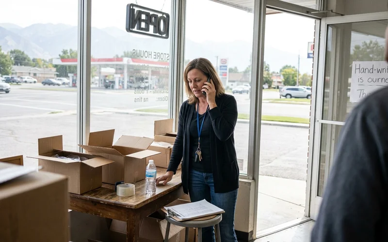 Owner on a phone call by a shop window