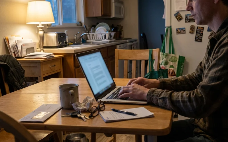 Owner typing a careful reply on a laptop at a kitchen table