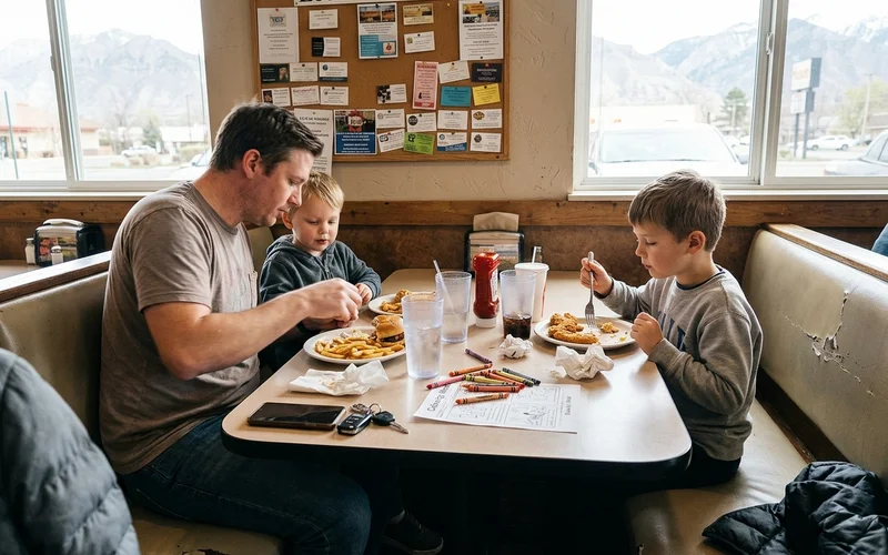Family eating at a restaurant with the ad board behind them