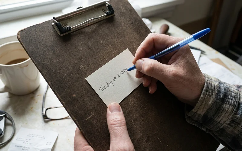 Writing an appointment time on the back of a matte card