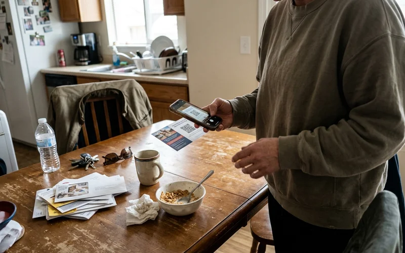 Scanning a QR code on a postcard at the kitchen table