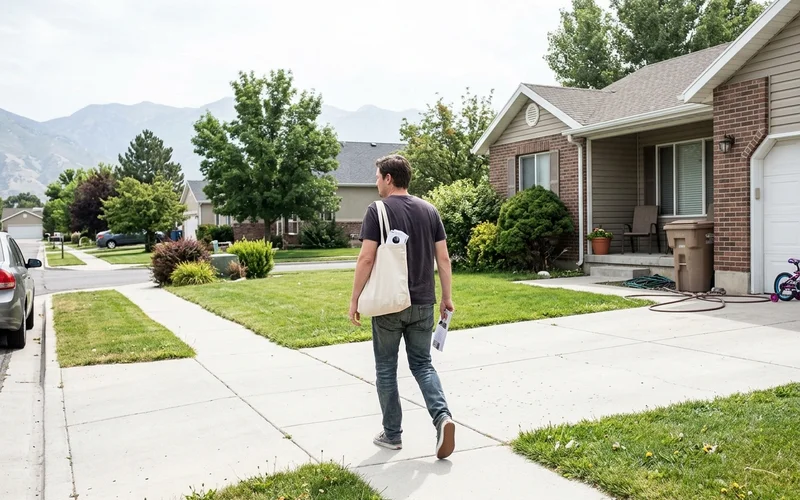 Person walking a sidewalk carrying a bag of door hangers