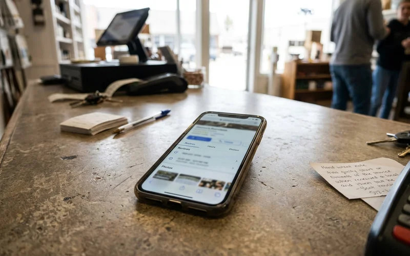 Phone showing a blurred business profile on a counter