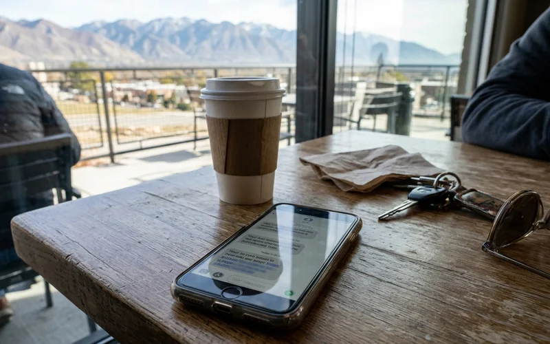 Phone showing a short review request text thread