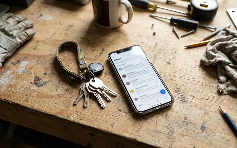 Phone showing a single inbox on a workbench