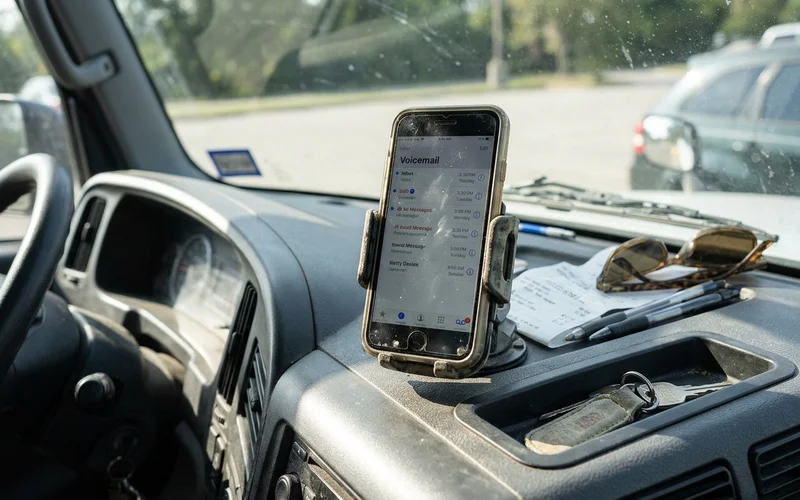 Phone showing unplayed voicemails on a truck dashboard