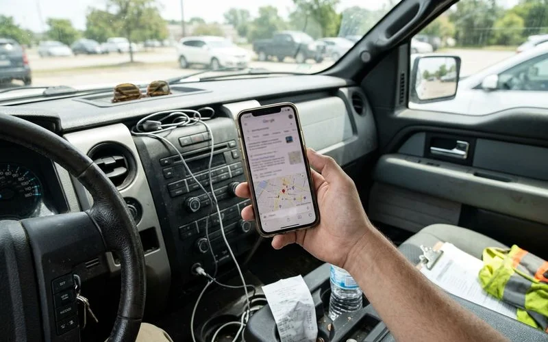 Phone showing blurred search results held in a parked truck