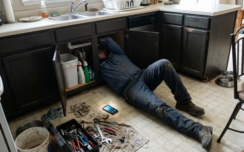 Plumber under a sink with a phone lighting up nearby