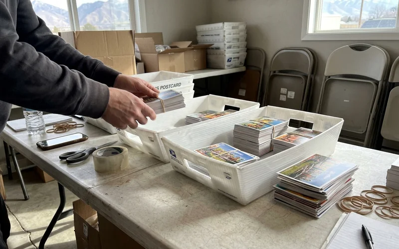Postcards being packed into mail trays for the post office